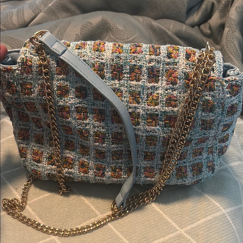 Urban Expressions Blue and Gold Tweed Shoulder Bag- Chanel Inspo - Picture 5 of 7